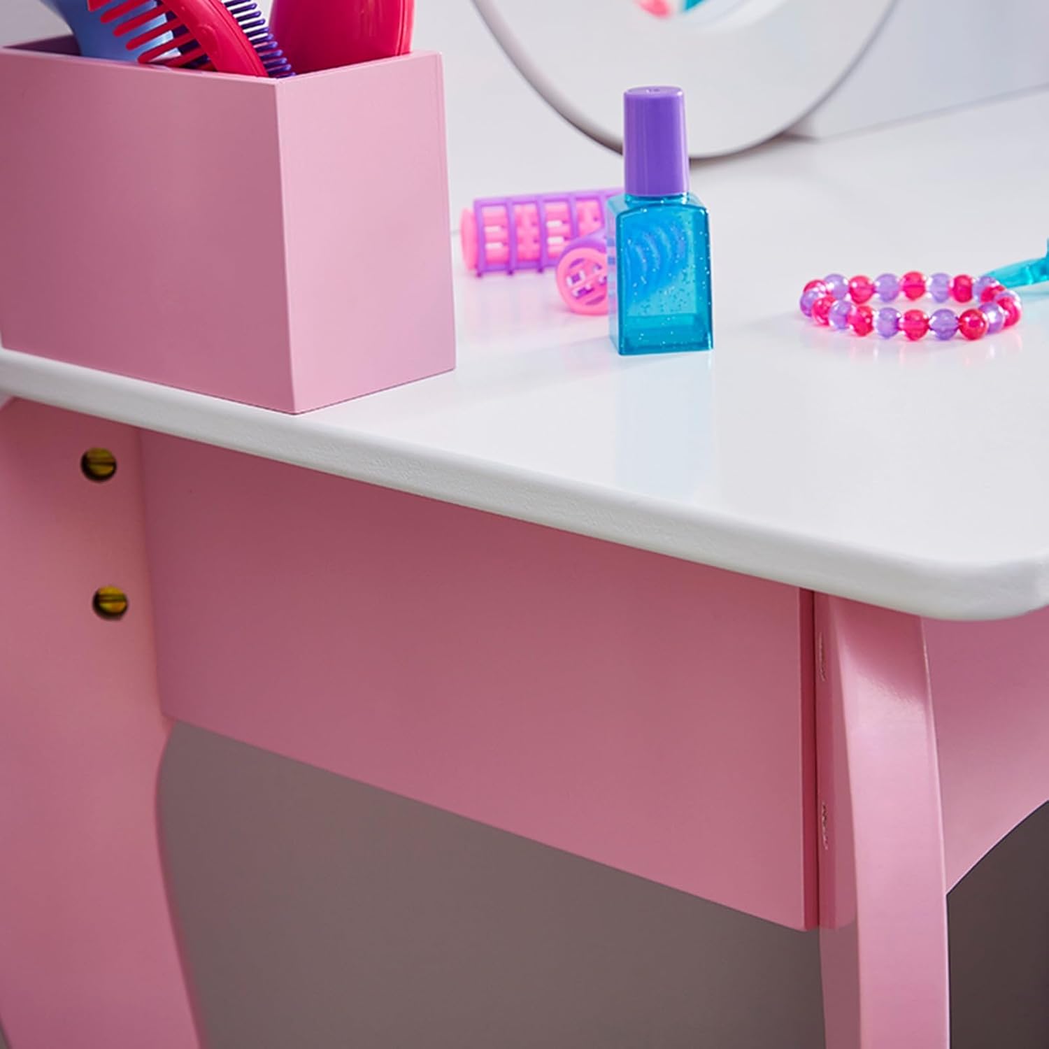 Kids Vanity Table and Chair Set, Pink Wooden Princess Dressing Table with Rotating Mirror & Storage Drawers, Curved Legs with Anti Slip Foot Pads for Little Girls, Pink