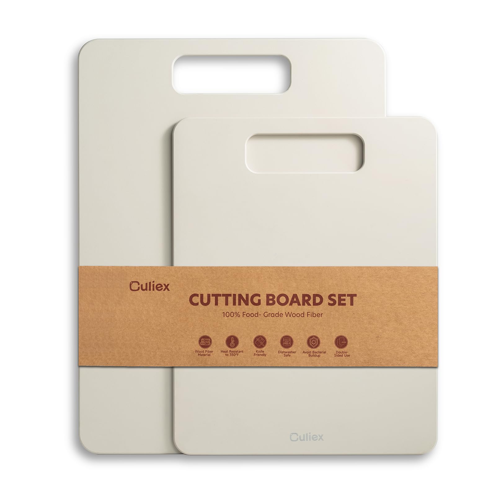Culiex Holzfaser Schneidebrett 2er-Pack, Spülmaschinenfest Composite Chopping Board, Hohe Dichte, Ungiftig, BPA-frei, Rutschfeste Füße, Klingenschonend, Ideal für Küche und Geschenk, Beige