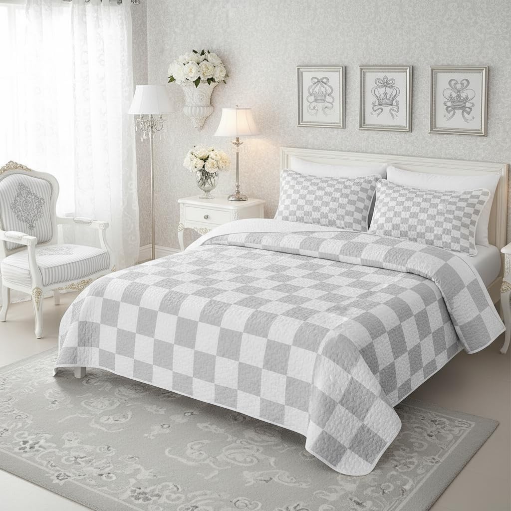 Manfei Neutral Checkerboard Quilt Set Queen Size,Simple Block Quilted Bedspread for Kids,Minimalist Quilted Coverlet with 2 Pillow Sham,Light Gray White Bed Covers for All Season