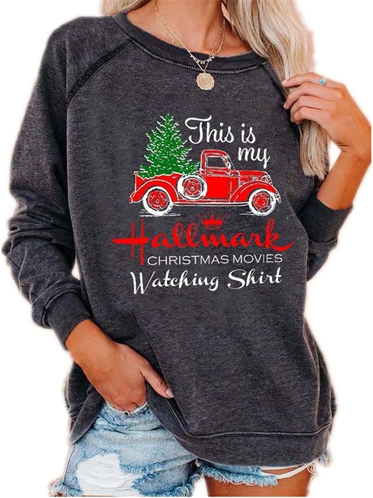 Women's This is My Christmas Movies Watching Shirt Xmas Round Neck Long Sleeve Sweatshirt Blouse Tops