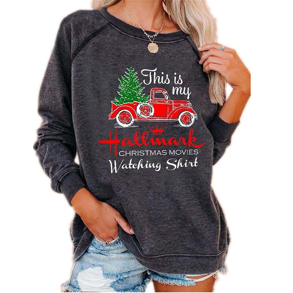 Women's This is My Christmas Movies Watching Shirt Xmas Round Neck Long Sleeve Sweatshirt Blouse Tops