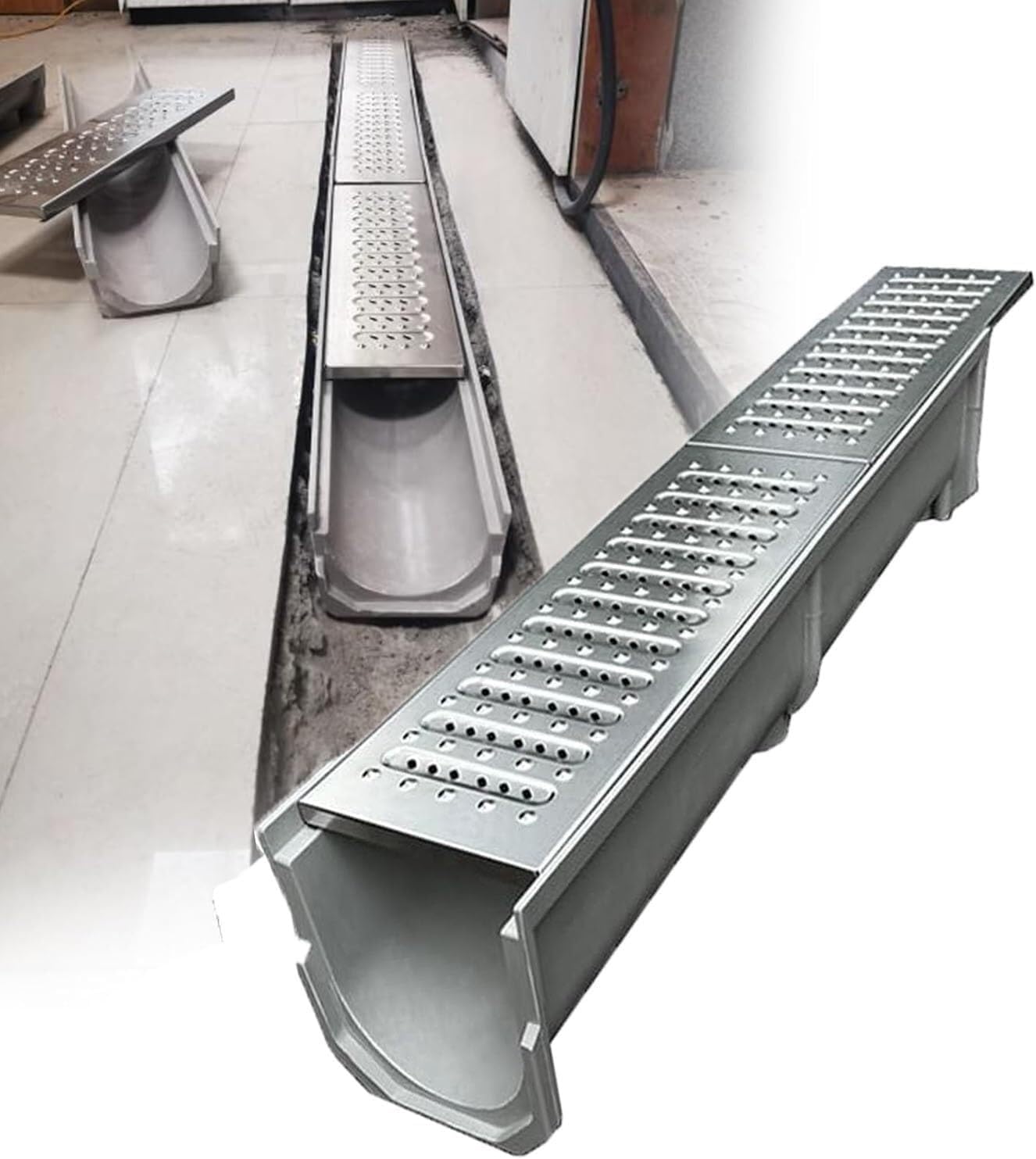 Stainless Floor Channel Drain, 304 Steel Terrace Drainage Trench Kit, Shower Small Grate Shelf(100 * 25 * 25cm)