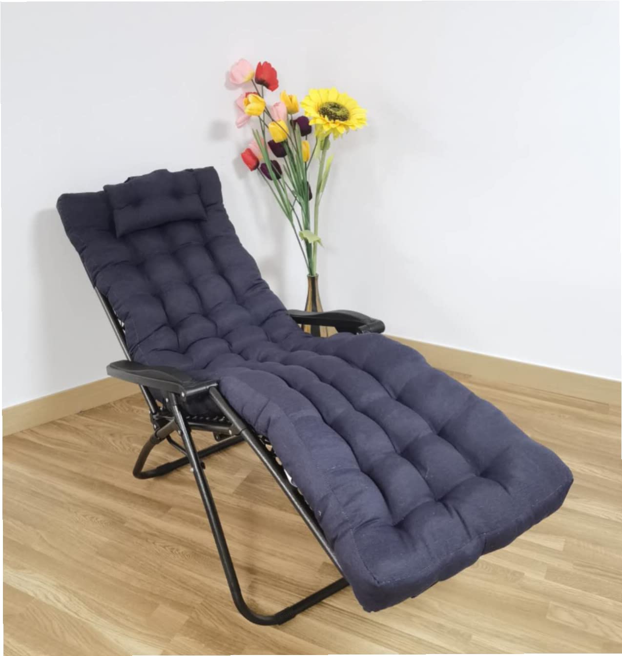 Cojín Tumbona 180x55x6cm Reclinable con Almohada Reposacabeza, Colores Lisos. Colchoneta Tumbona Exterior con Relleno de Fibra Hueca. (Gris Oscuro)