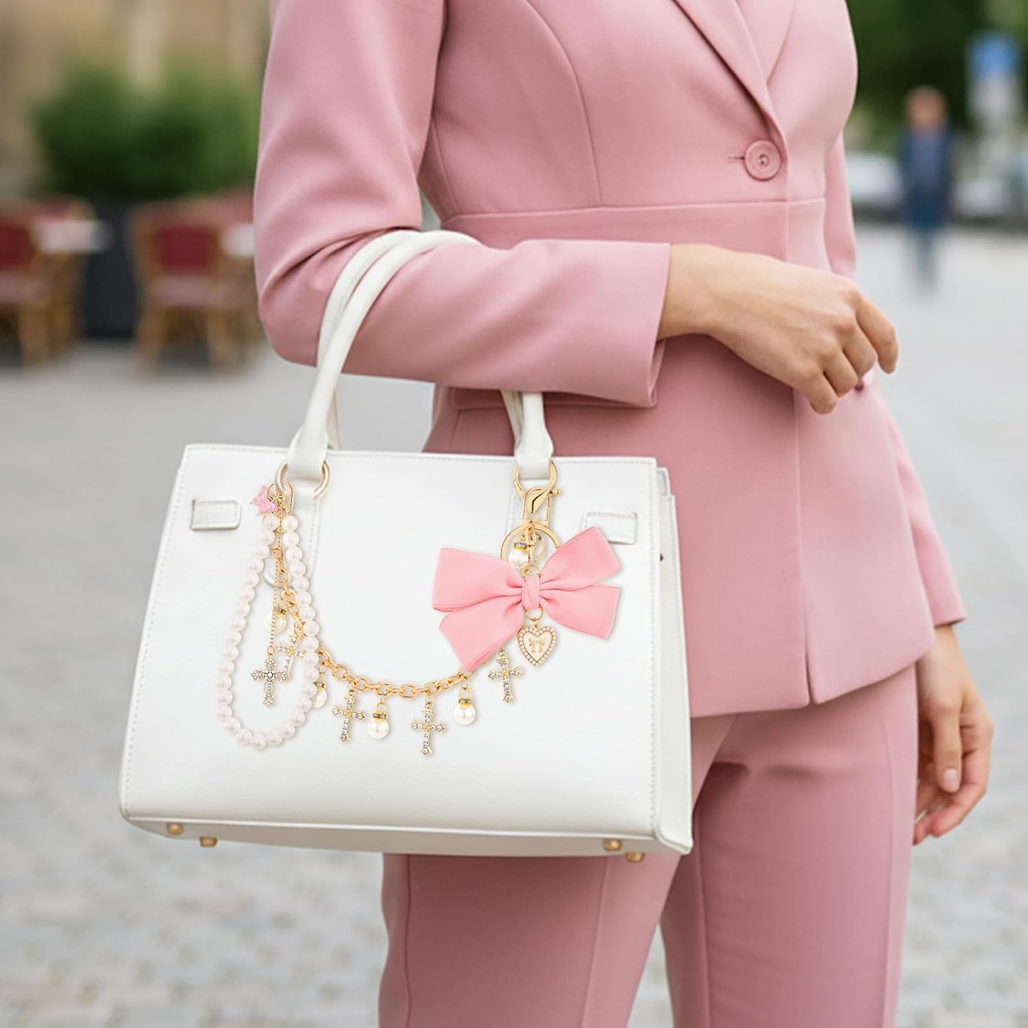 LuneClat 3Pcs Keychain Bags Chain Charm Set - Pink Bow Rhinestone Cross Replacement Bag Charms Accessories, Pearl Bowkont Keychains for Tote Wallet Crossbody Gifts for Women