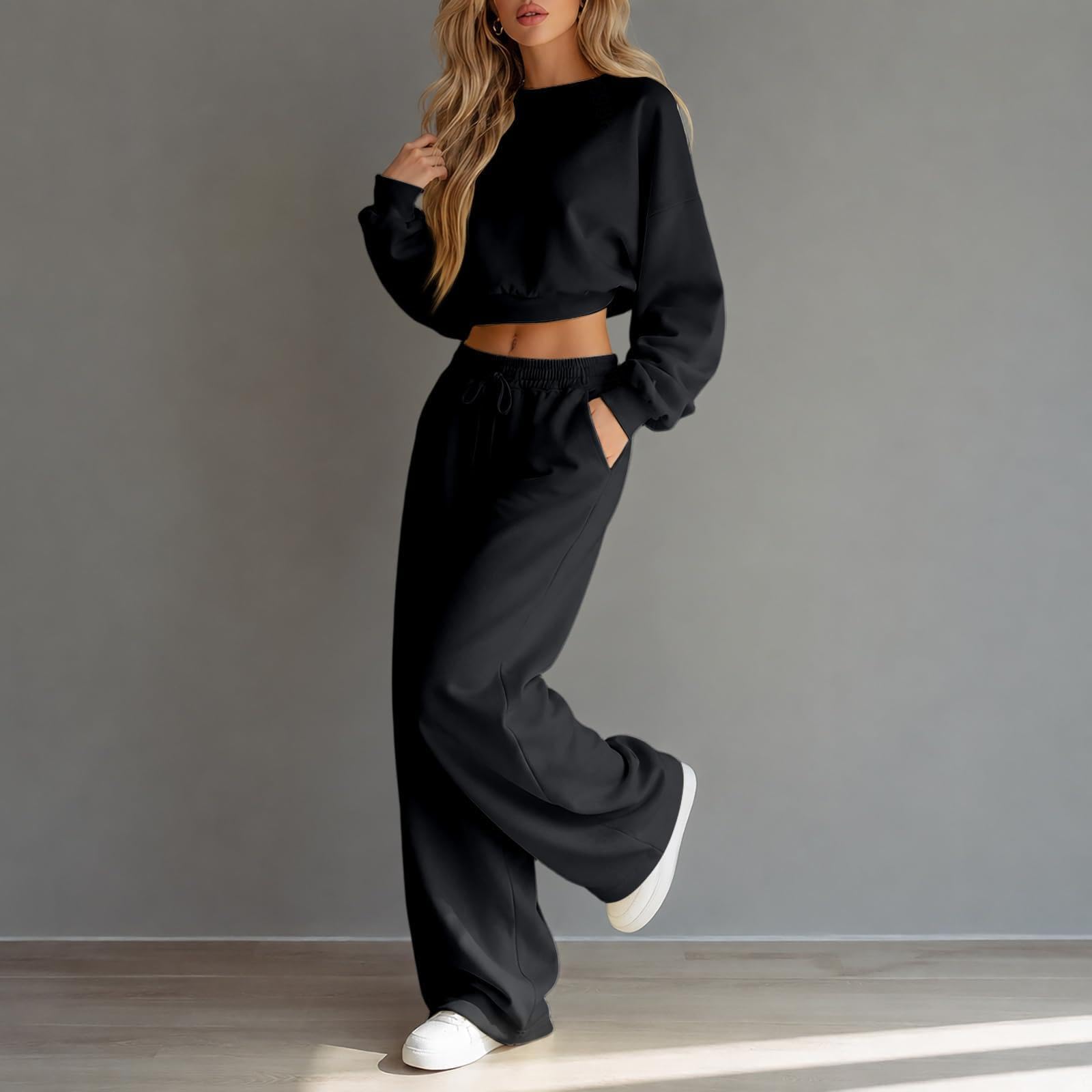 Freizeitanzug Damen Wide Leg Sweatpants Women'S Clothing Wide Leg Sweatpants Travel Set Damen Outfit Herbst Set,Black-M