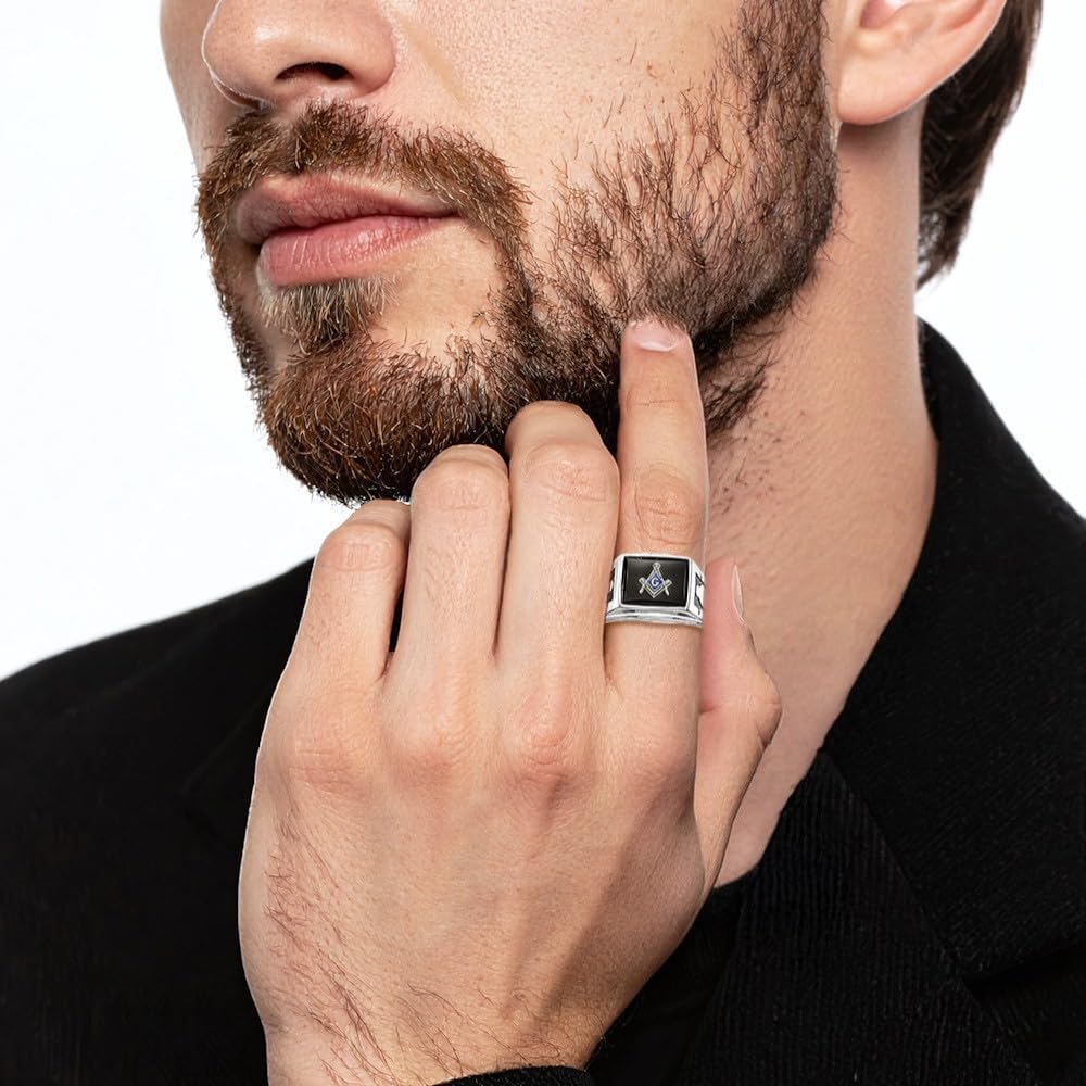 IceCarats 14K Solid White Gold 6 carat Black Onyx Masonic Statement Signet Ring 5mm Band Prong Set, Textured Matte