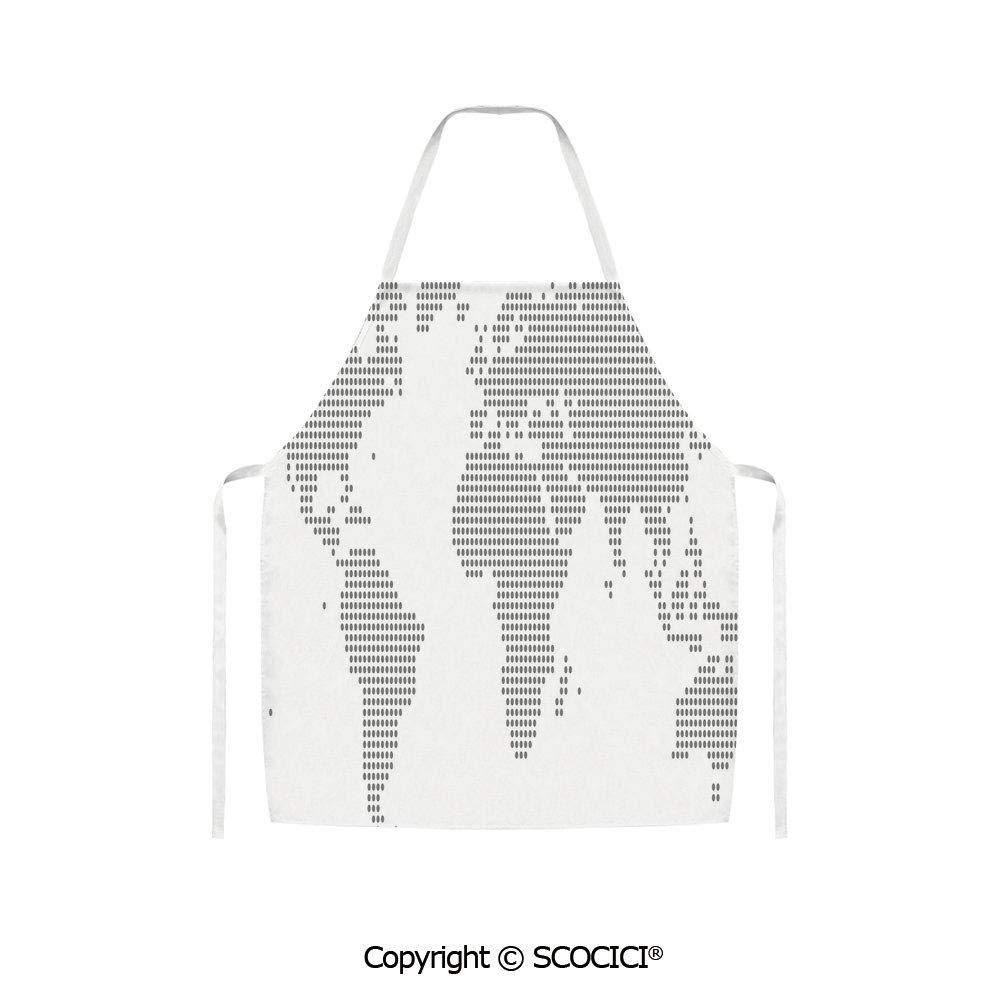 SCOCICI Apron World Map with Graphic Dots Pixelated Seem Spotted Continents Design Simple Modern Unisex Kitchen Apron for Cooking Baking Crafting Cleaning Painting Gardening & BBQ