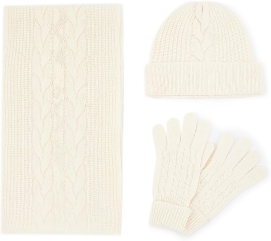 Villand Women's 3 Piece 100% Pure Cashmere Scarf Hat & Gloves Set, Cable Knitted Winter Set with Gift Box - Image 2