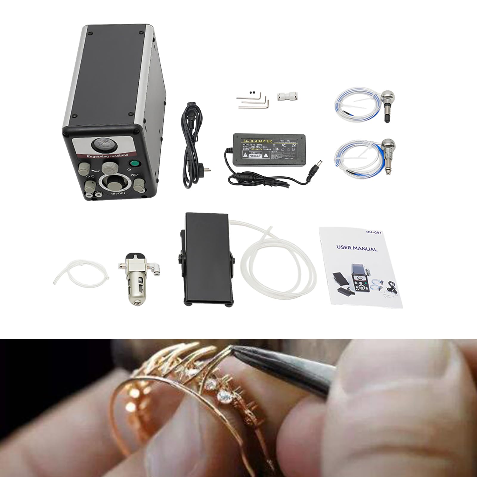 Macchina per incisione pneumatica, macchina per incisione pneumatica, macchina per incisione a percussione ad aria compressa con doppio manico, 80 W per gioielli e metallo
