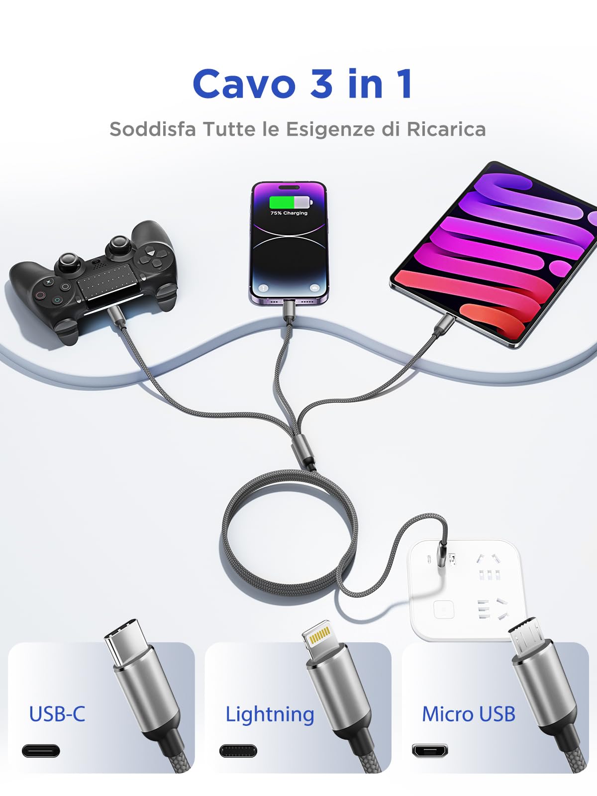 Multi Cavo di Ricarica,3 in 1 Multiplo Cavo USB Type-C 1.2M Ricarica Rapida Filo Caricabatterie Nylon Intrecciato Cavetto Micro USB Tipo C Lightning per Samsung iPhone Huawei Redmi OPPO Android LG PS5