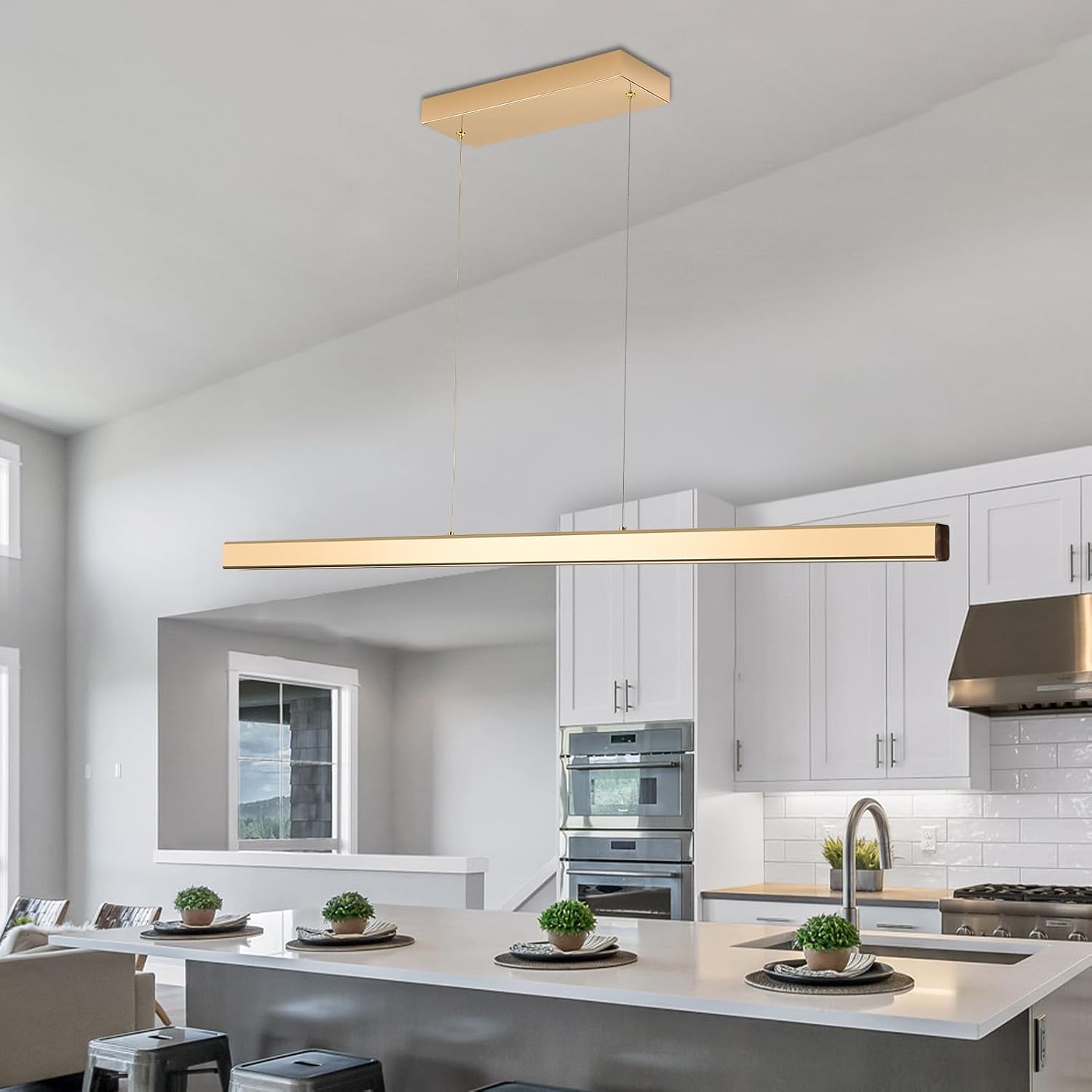 Dining Room Light fixtures 47in, Remote Dimming Control Modern Chandeliers for Dining Room 3000K-6500K, Gold Pendant Lights Kitchen Island 33W, 5FT Height Adjustable (Gold-B, 47 in)
