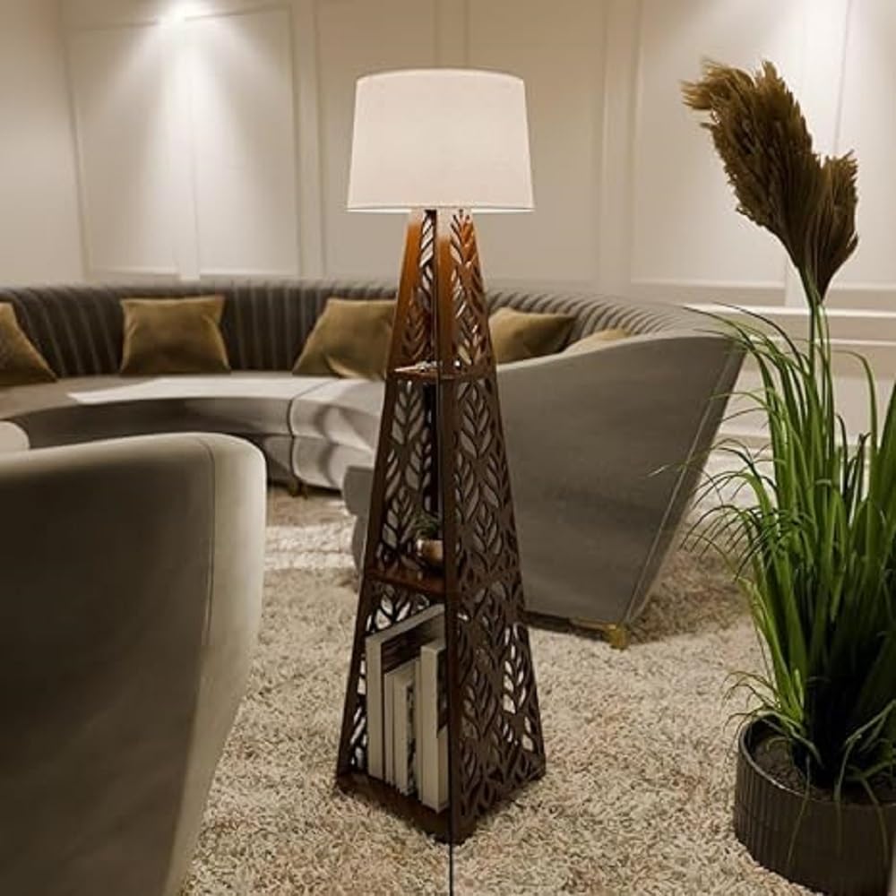LIVINGLOOM Wooden Table Lamp Floor Lamp With Shelves Jute Shade Lamps With Shelf For Home Decoration,Multi Utility Floor L...