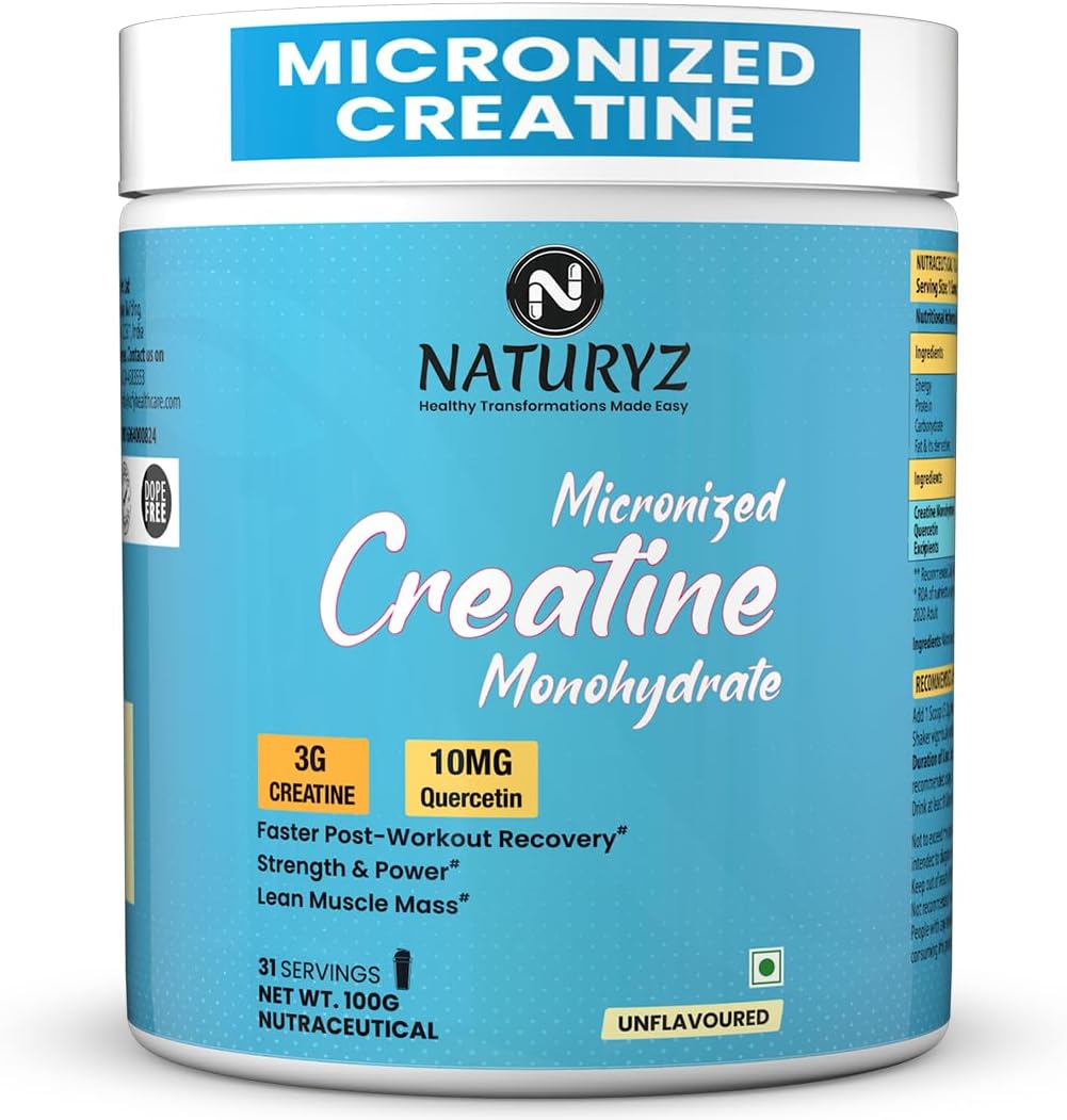 NATURYZ Pure Micronized Creatine Monohydrate | Rapid Absorption | Quercetin | Muscle Strength & Power for Intense Workout | Supports Athletic Performance | Enhances Lean Muscle Volume - 100g(Unflavoured)