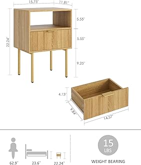 Nightstand,Morden Bedside Table with Gold Frame,Small Night Stand,End Table,Bedside Furniture,Side Table with Drawer and Shelf for Bedroom,Living Room (1Drawer, Oak)