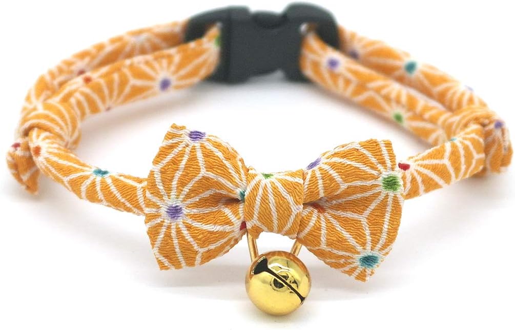 PetSoKoo Japan Chirimen Bowtie Cat Collar. Tortoiseshell Pattern. Safety Breakaway with Bow, Soft, Comfortable, Cute Collars for Girl Boy Female Male Cats,Yellow