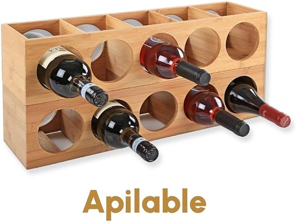 LOLAhome - Botellero de bambú natural apilable para 5 botellas de vino de 53x13x13 cm con agujeros de 8,5 cm adaptado para colgar - 4