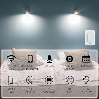 MOES WiFi Smart Light Switch, No Neutral Wire, No Capacitor, No Hub Needed