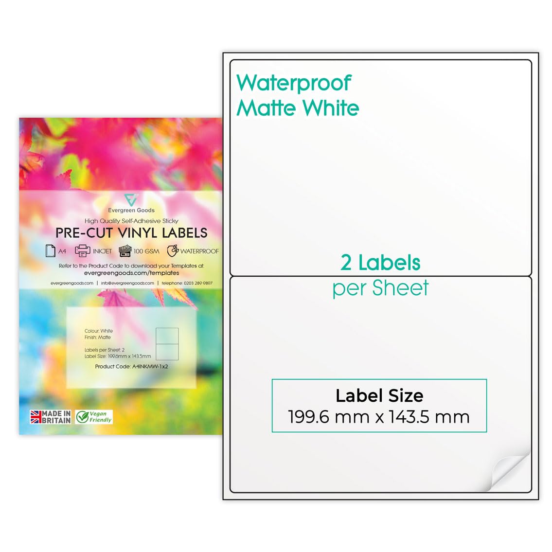 Precut Printable Waterproof Vinyl Labels Stickers A4 Sheet (1x2 (2 per Sheet), 50 Sheets) | 9 Label Size Variations | Matte White A4 Labels Sticker Paper | Inkjet & Laser Printable