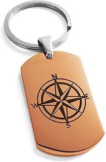 Tioneer Rose Gold Stainless Steel Nautical Star Compass Dog Tag Keychain Keyring
