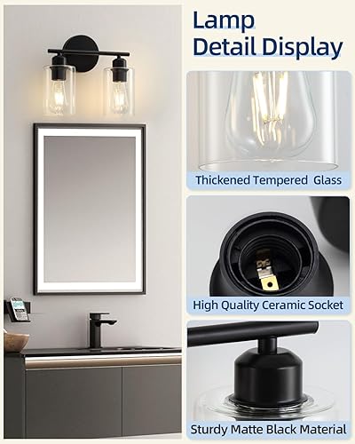 Miniatura 6 de Lámparas de baño de 2 luces, luces de tocador de baño negro mate, accesorios de iluminación de baño sobre espejo con pantalla de vidrio