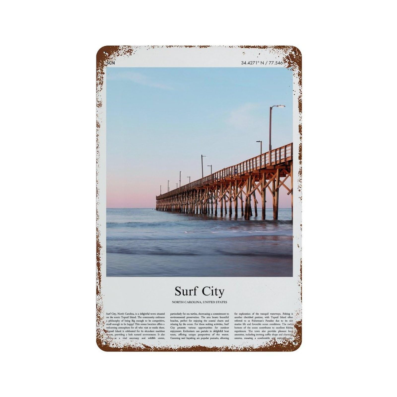 xiaoxiaoshen Surf City North Carolina, United States, USA City Scenery Wall Decor Art Metal Tin Poster Modern Home Decor Art Home Bar Shop Decorations Vintage Sign 30x20cm