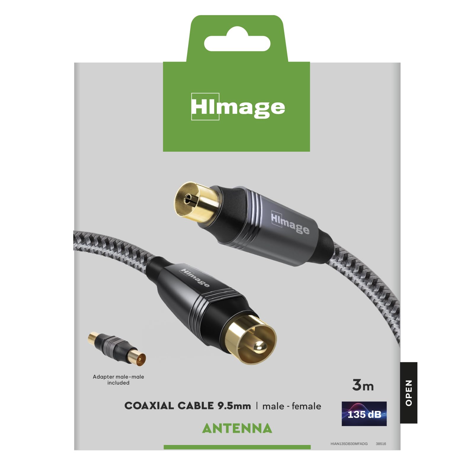 HImage Cable de antena coaxial de 9,5 mm, macho hembra, conectores dorados de 24 K, revestido de tela, 135 dB, doble blindaje, adaptador incluido, 3 m de longitud