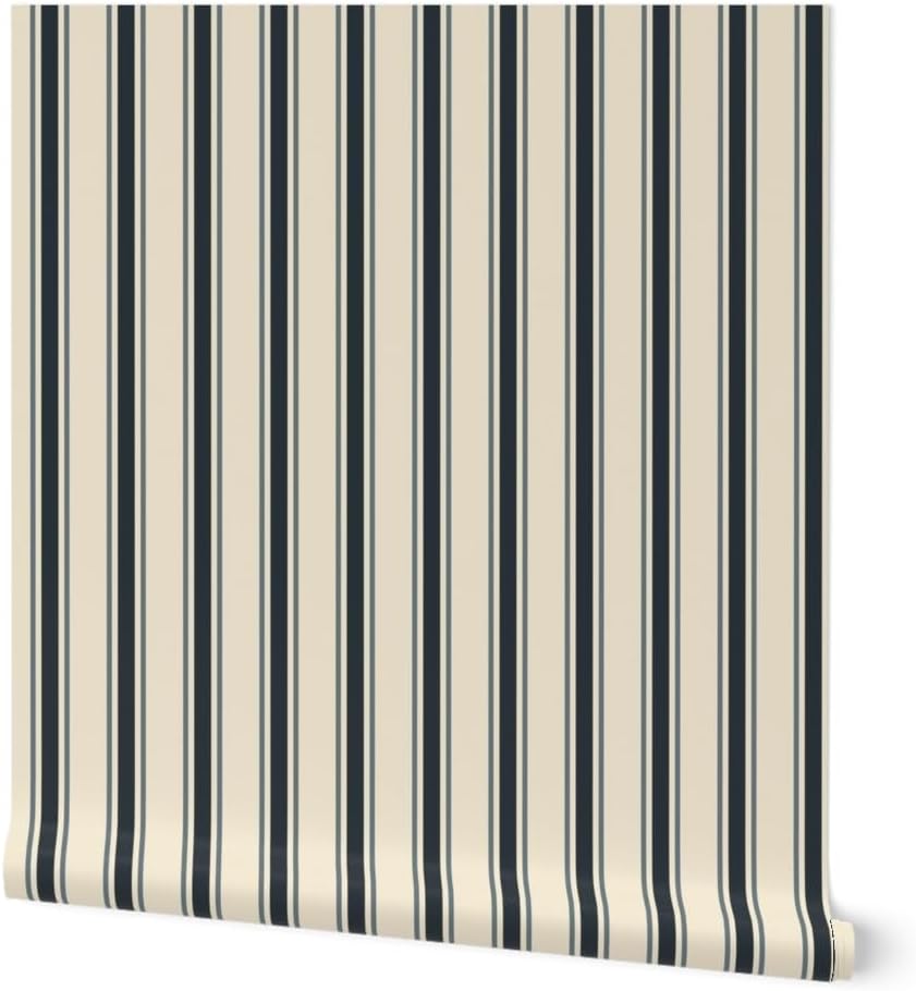 Peel & Stick Wallpaper Swatch - Coastal Stripe,Ticking Stripe,Black Navy Cream,grandmillennial,Heritage Custom Removable Wallpaper by Spoonflower