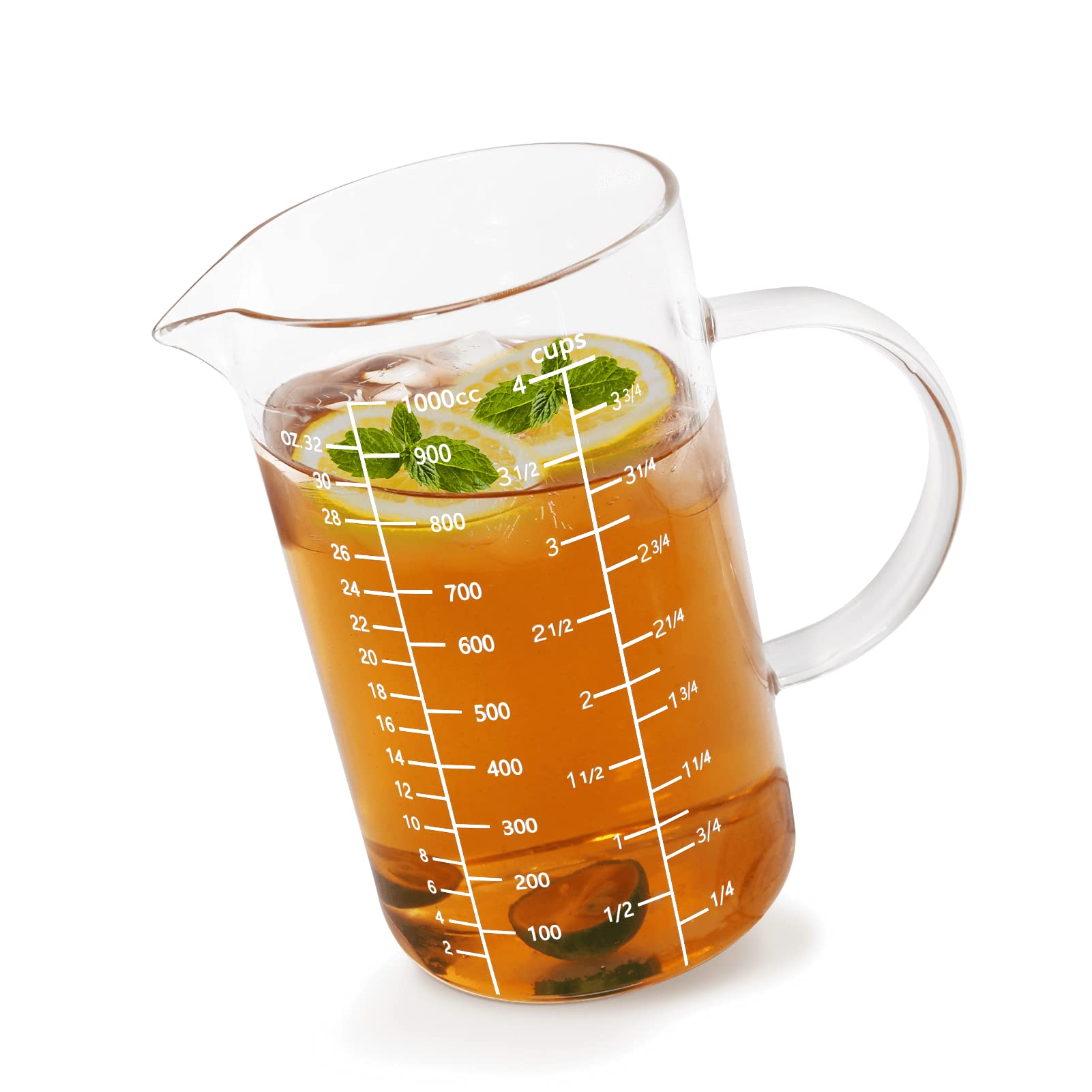 NewnessGlass Measuring Cup with Handle, 1000 ML (1 Liter, 4 Cup) Measuring Cup with Three Scales (OZ, Cup, ML/CC) and V-Shaped Spout, Measuring Beaker for Kitchen or Restaurant, Easy to Read