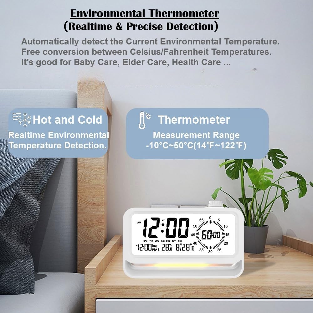 [5 in 1] Alarm Clock+Night Light+Timer+Thermometer+Calendar, Large Screen, Loud Sound,3 Reminder Alarms,Snooze Mode,Temperature Care,Background light,Cooking Timer,Office Worker, Student Working Timer
