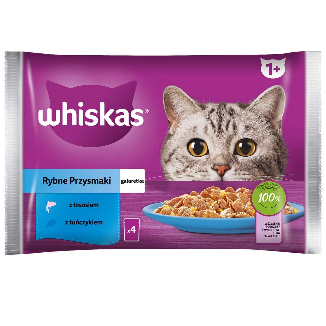 WHISKAS Comida para gatos – 52 bolsas frescas (13 paquetes de 4 x 85 g) – Peces favoritos (2 variedades) – Paté para gatos adultos en gelatina – Comida húmeda completa apta también gatos esterilizados