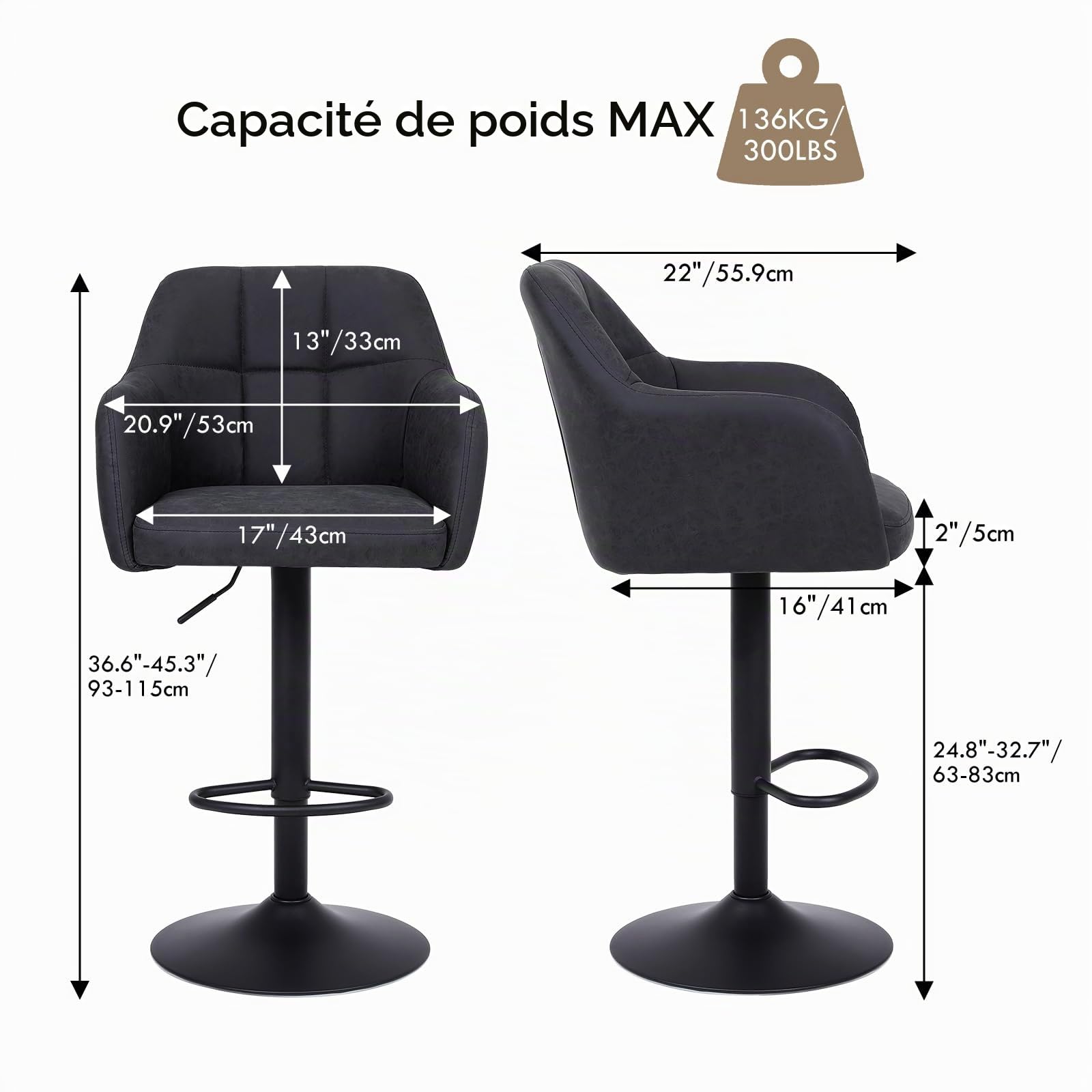 Tabourets de Bar Lot de 4 pivotants Modernes en Cuir Anthracite