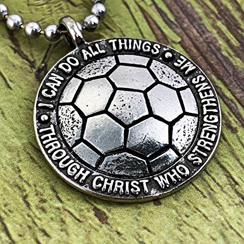 Soccer Necklace I Can Do All Things Through Christ in Antique Silver Finish Phililippians 4132