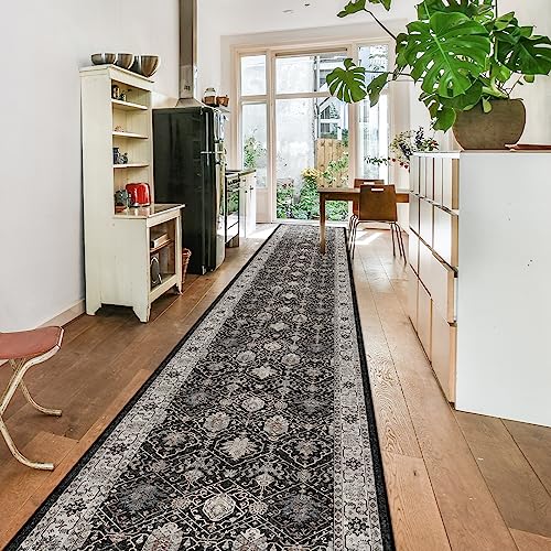 Hallway Washable Runner Rug - 3x20 Kitchen Rugs Entryway Rug Long Runner Vintage Soft Floor Mat Non Slip Indoor Farmhouse Carpet for Bathroom Living Room Bedroom (3 X 20, Black)