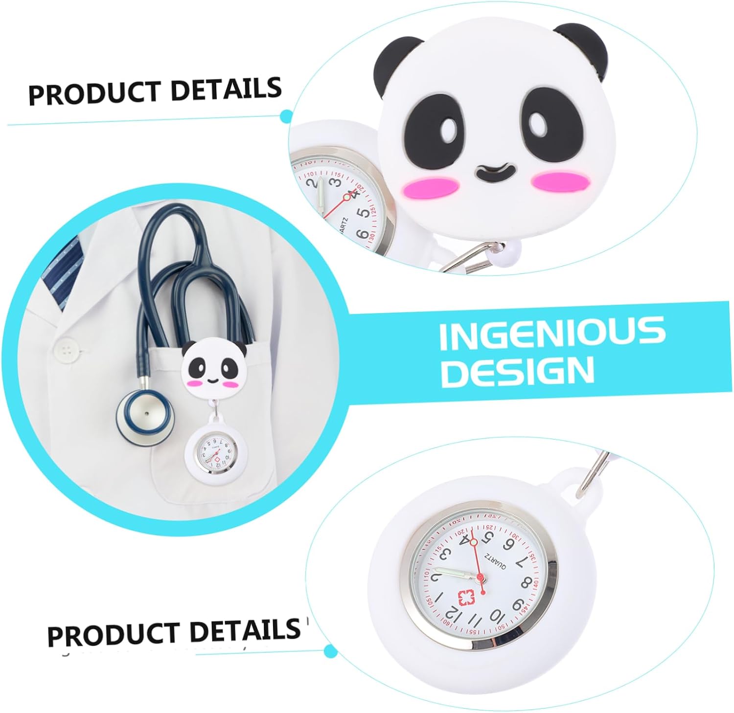 Creative Stretchable Panda Hanging Watch for Nurses Cartoon Chest Watch with Dial Easy Clip Design Fob Timepiece for Doctors and Healthcare Professionals