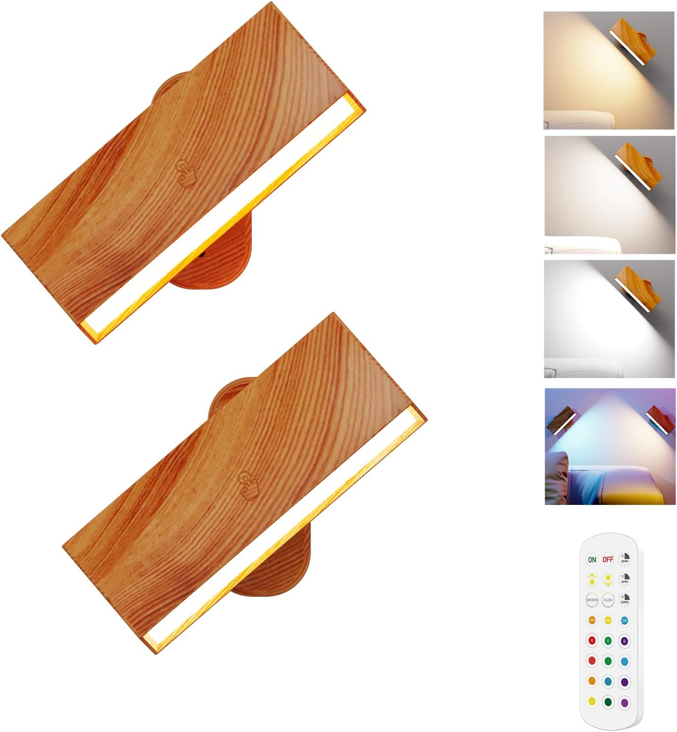 LABOREDUCER LED Wall Lights 2 Pack with Remote,Wall Sconces Lamp 3000mAh Rechargeable Battery Operated,3 Color Temperatures & 12 RGB Dimmable Magnetic 360° Rotation Cordless Light (Wood)