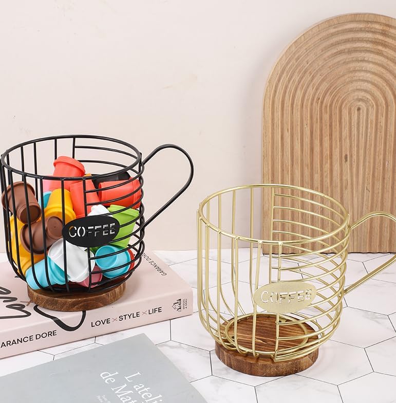 Coffee Pod Basket Holder - Large Capacity Black with Wood Lid | Display Coffee Pods & Espresso Capsules on Countertop, Rustic Wire Mesh Storage Bin with Decorative Wood Cover for Kitchen Decor