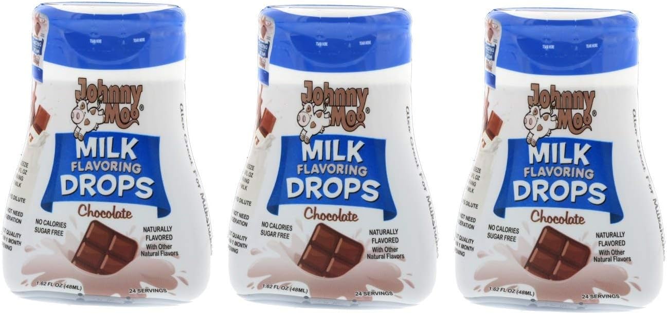 Johnny Moo Milk Flavoring Drops, Chocolate Flavor - Sugar Free, Gluten Free, Zero Calorie, Naturally Flavored Liquid Sweetener that Makes Milk Taste Great-Pack of 3, 1.62 fl oz, 24 Servings Per Bottle