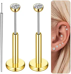 Gotumo 16G 18G 20G Flat Back Earrings Stud Titanium Threadless Nose Rings Tragus Labret Cartilage Lip Medusa Conch Body Piercing Jewelry Hypoallergenic for Women Men