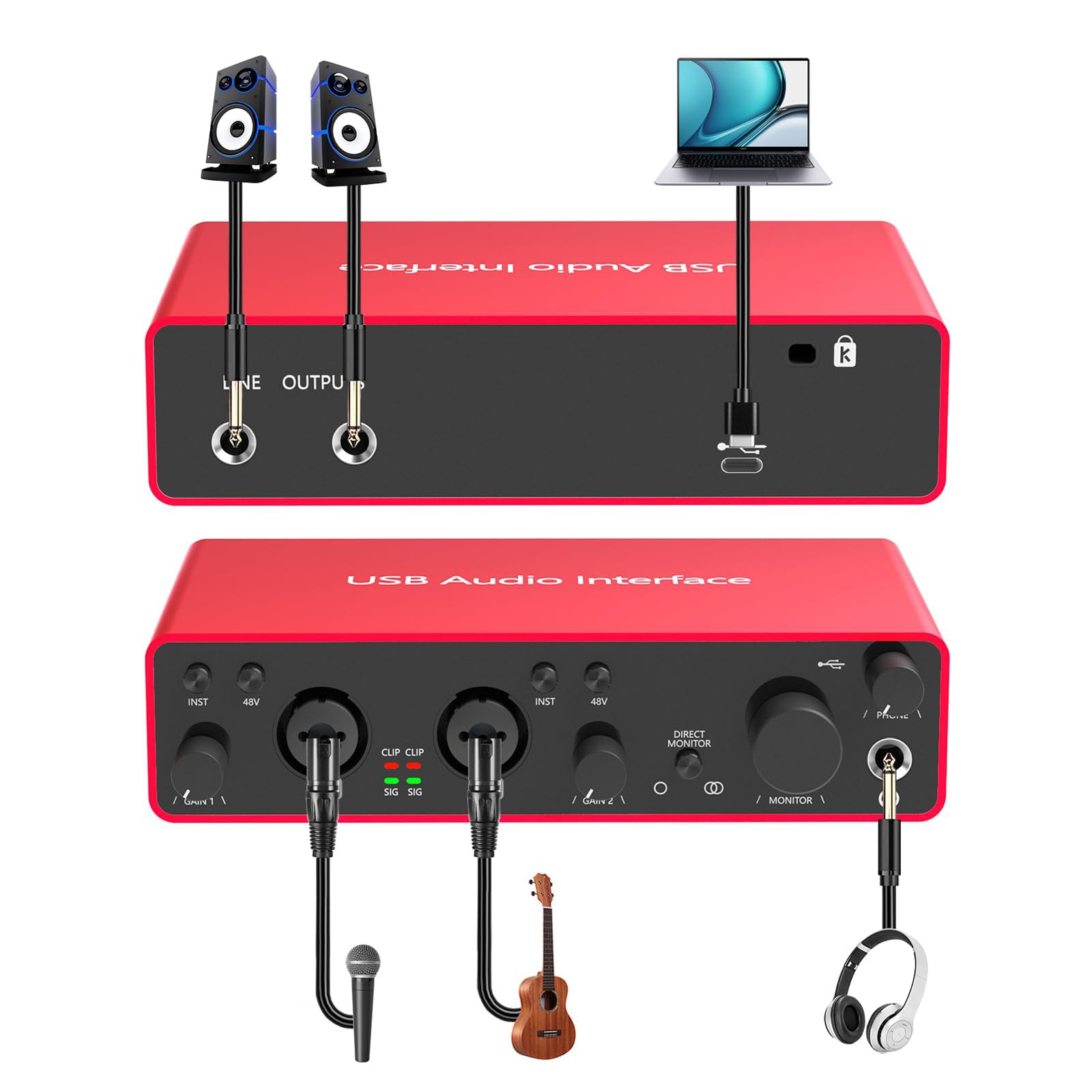 2i2 USB Audio Interface, 24Bit/192kHz Studio Recording, 48V