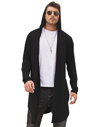 COOFANDY Men's Long Hooded Cardigan Shawl Collar Lightweight Cape Cloak | Open Front Curved Back Hem with Two Pockets, Fashion Drape Overcoat, Burning Man Rave Festival Outfits, Hoodie Jackets - Medium - Black