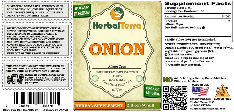 Onion (Allium Cepa) Tincture, Organic Dried Bulb Liquid Extract (Brand Name: HerbalTerra, Proudly Made in USA) 30x2 fl.oz (30x60 ml)