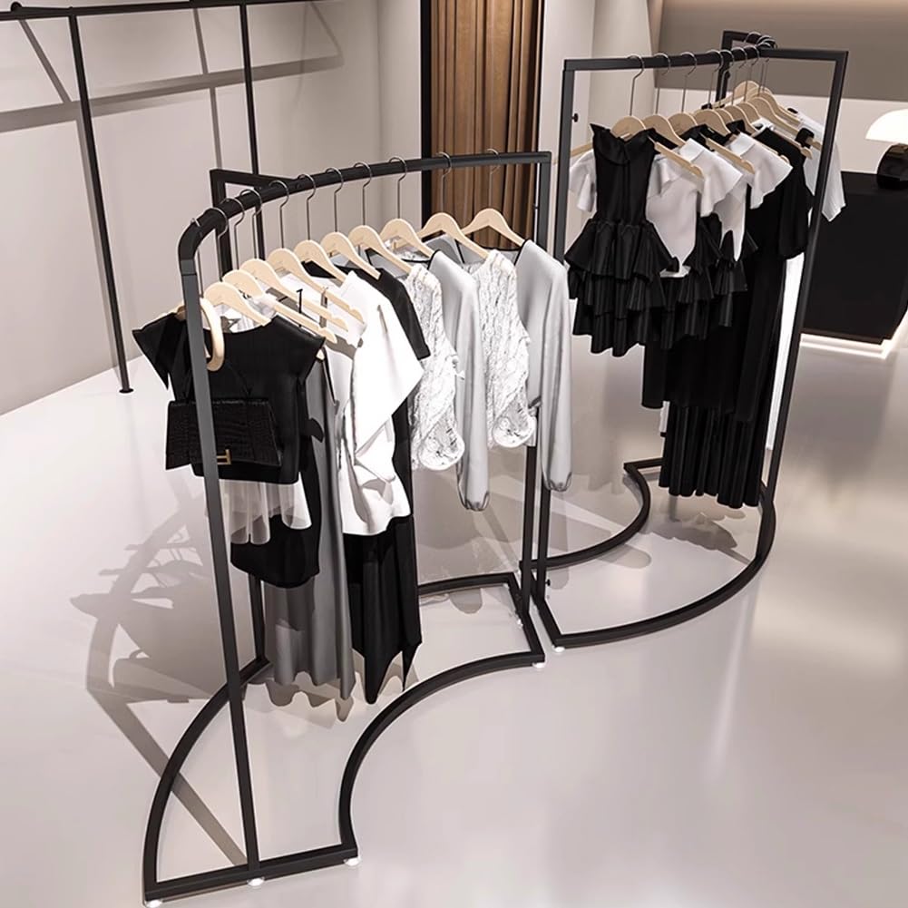 Perchero de pie semicircular para tiendas minoristas, soporte curvado para colgar ropa, diseño ajustable y ahorra espacio