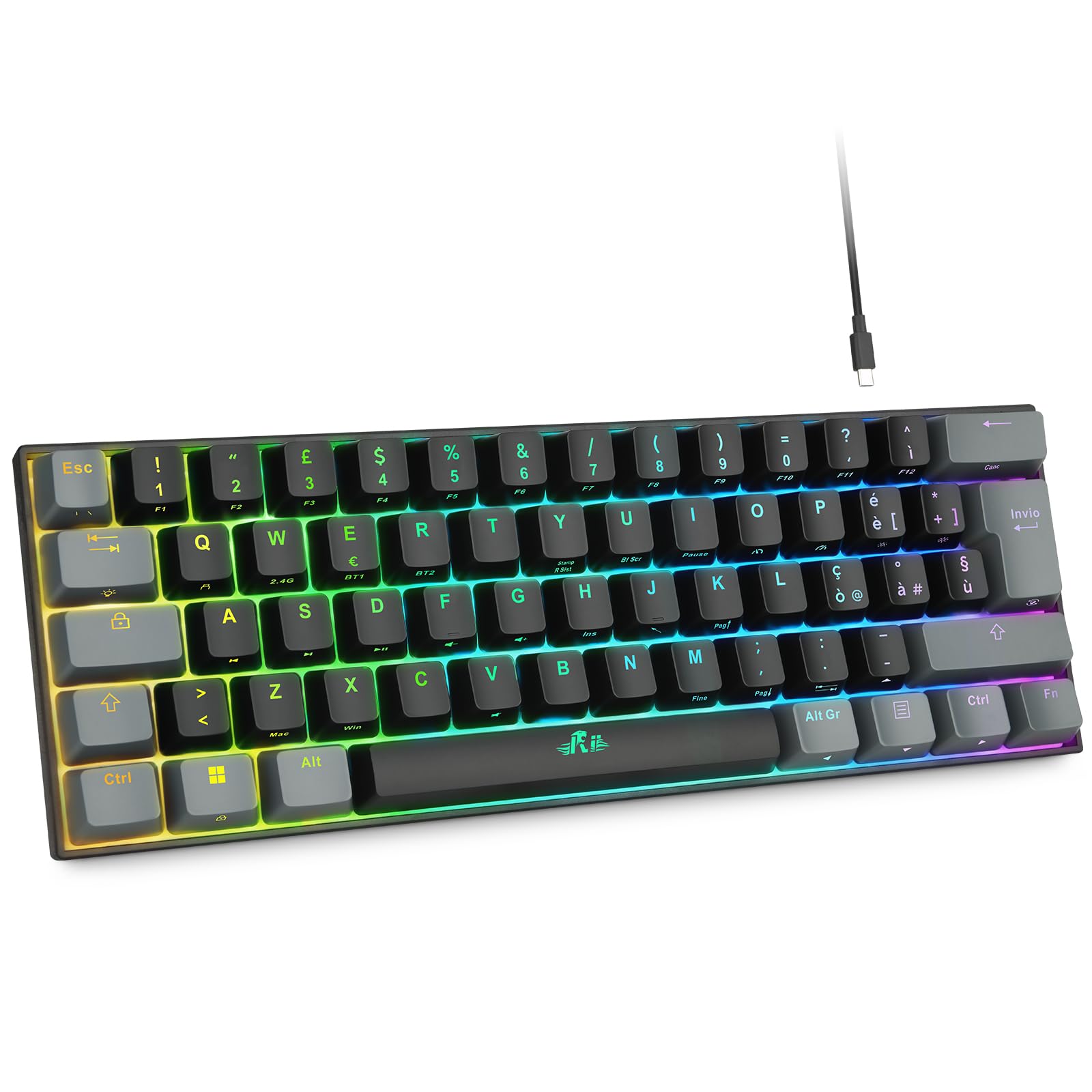 Rii Gaming RK802 - Tastiera meccanica silenziosa, dimensioni ridotte al 60%, tripla connessione (Wireless + Bluetooth + USB), batteria ricaricabile, retroilluminazione RGB 16 colori, anti-ghosting