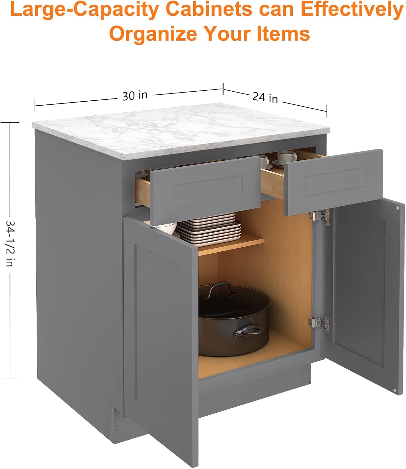 LOVMOR Base Cabinet with dimensions and open drawers