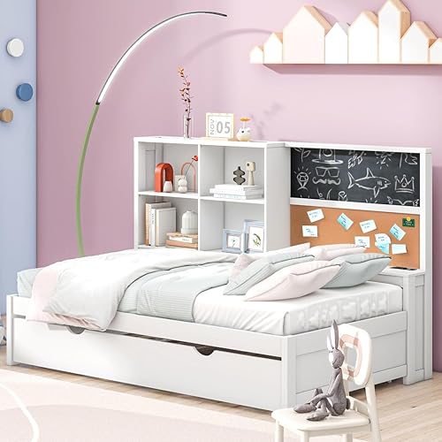 Sofá cama de tamaño individual con nido y estantería, pizarra, tablero de corcho, sofá cama con estación de carga, puertos USB, color blanco