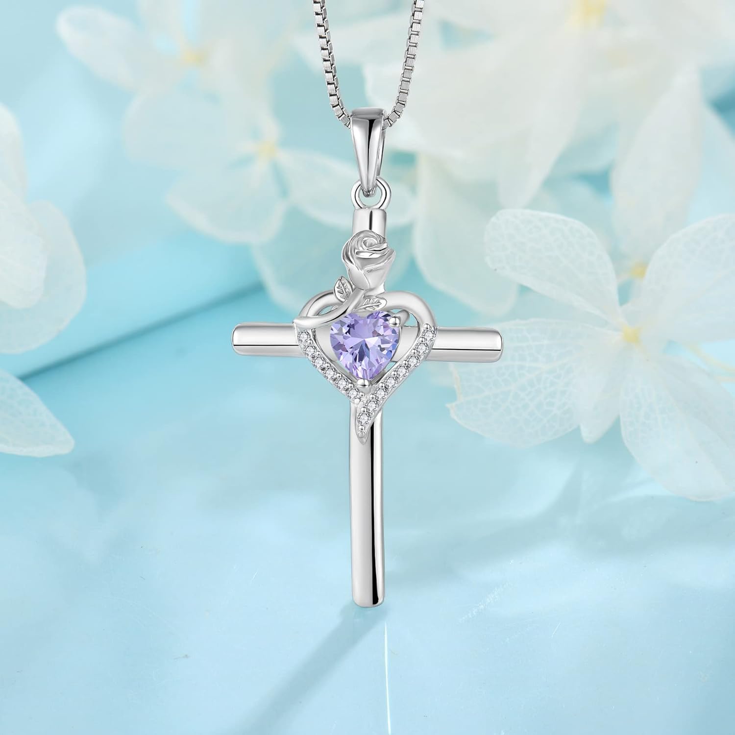 FJ Cross Necklace 925 Sterling Silver Rose Flower Pendant Religious Necklace Birthstone Jewelry for Women - Image 4