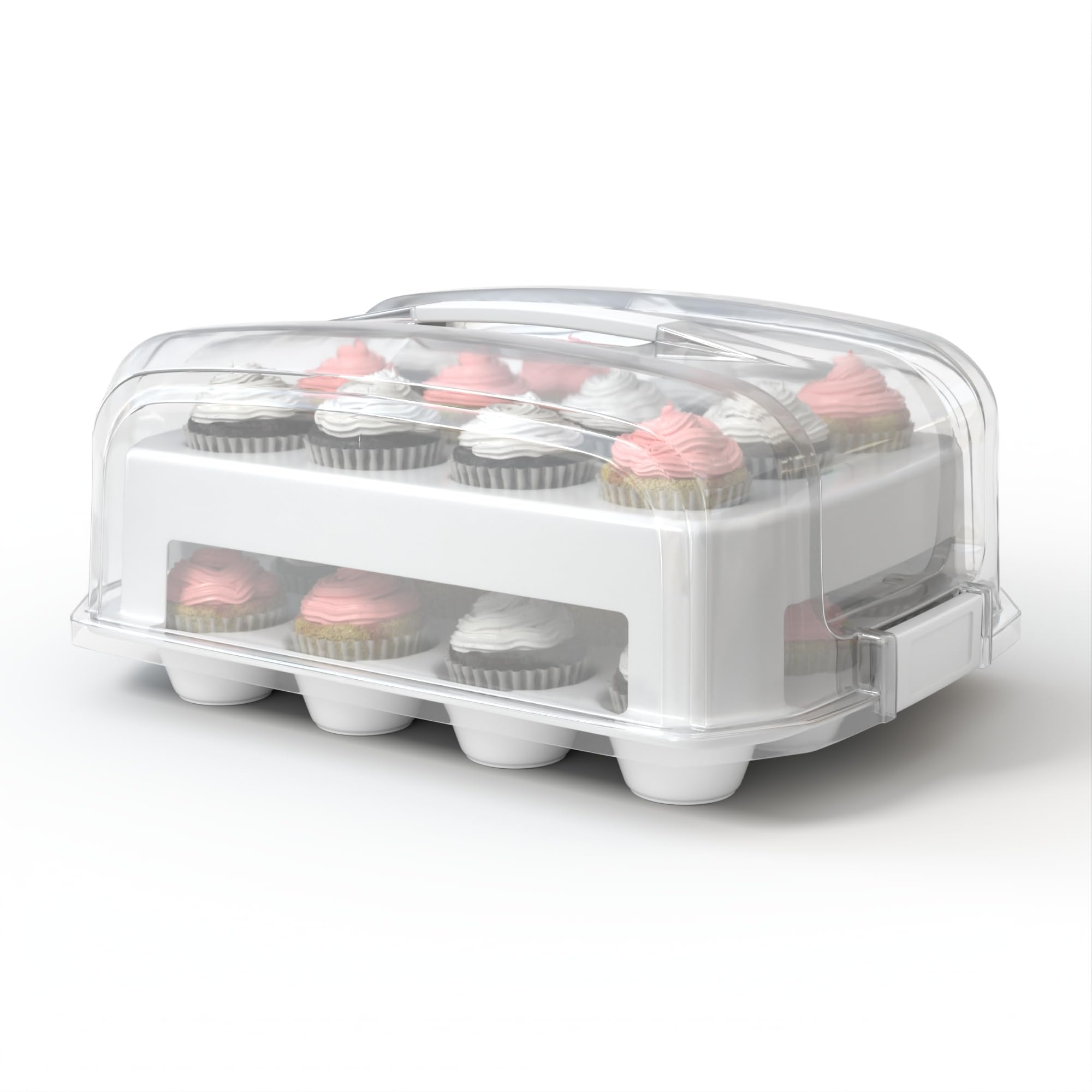 Cupcake Carrier, EXTRA LARGE LID, White Cupcake Holder Carries 24 Standard-Size Cupcakes, Muffin Traveler Two Tier Stand Reusable Cupcake Box