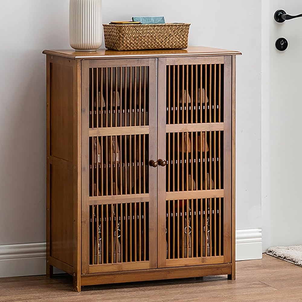 LWJSOCP Narrow Shoe Cabinet BambooHallway Shoe Storage Bench with Louvered doors Free Standing shoe Rack Storage nizer for Entryway Living Room