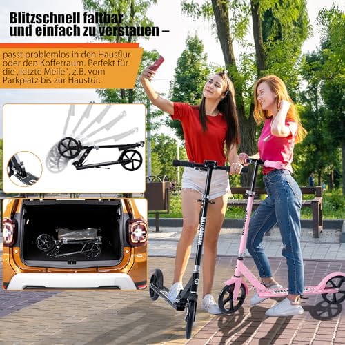 Welmotive Tretroller für Kinder & Erwachsene – Klappbarer Cityroller mit höhenverstellbarem Lenker – Scooter mit Ständer – Keine Montage nötig – Leicht bis 100 kg Schwarz