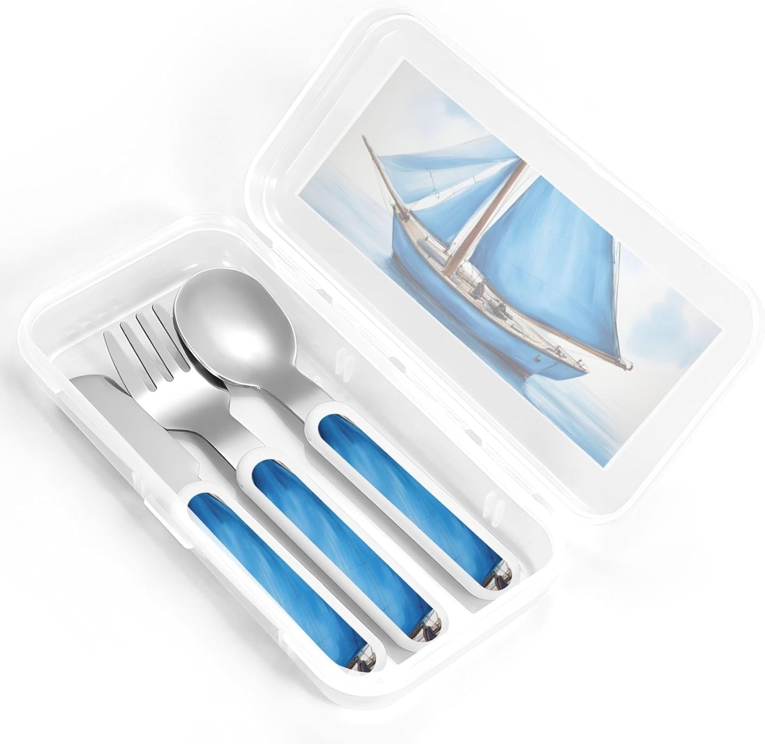 Blue Sailboat Print Stainless Knife Spoon Fork 3-Piece Set,Flatware Cutlery Set With Storage Case